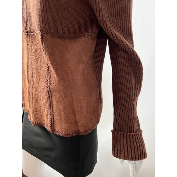 Evan-Picone Suede Blocked Cardigan Sweater M Brown Cotton and Leather - Picture 10 of 15